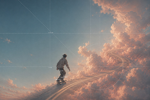 A skateboarder riding a path through glowing clouds