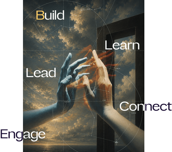 Hands reaching toward a portal, ringed by the words Build, Learn, Lead, Connect and Engage